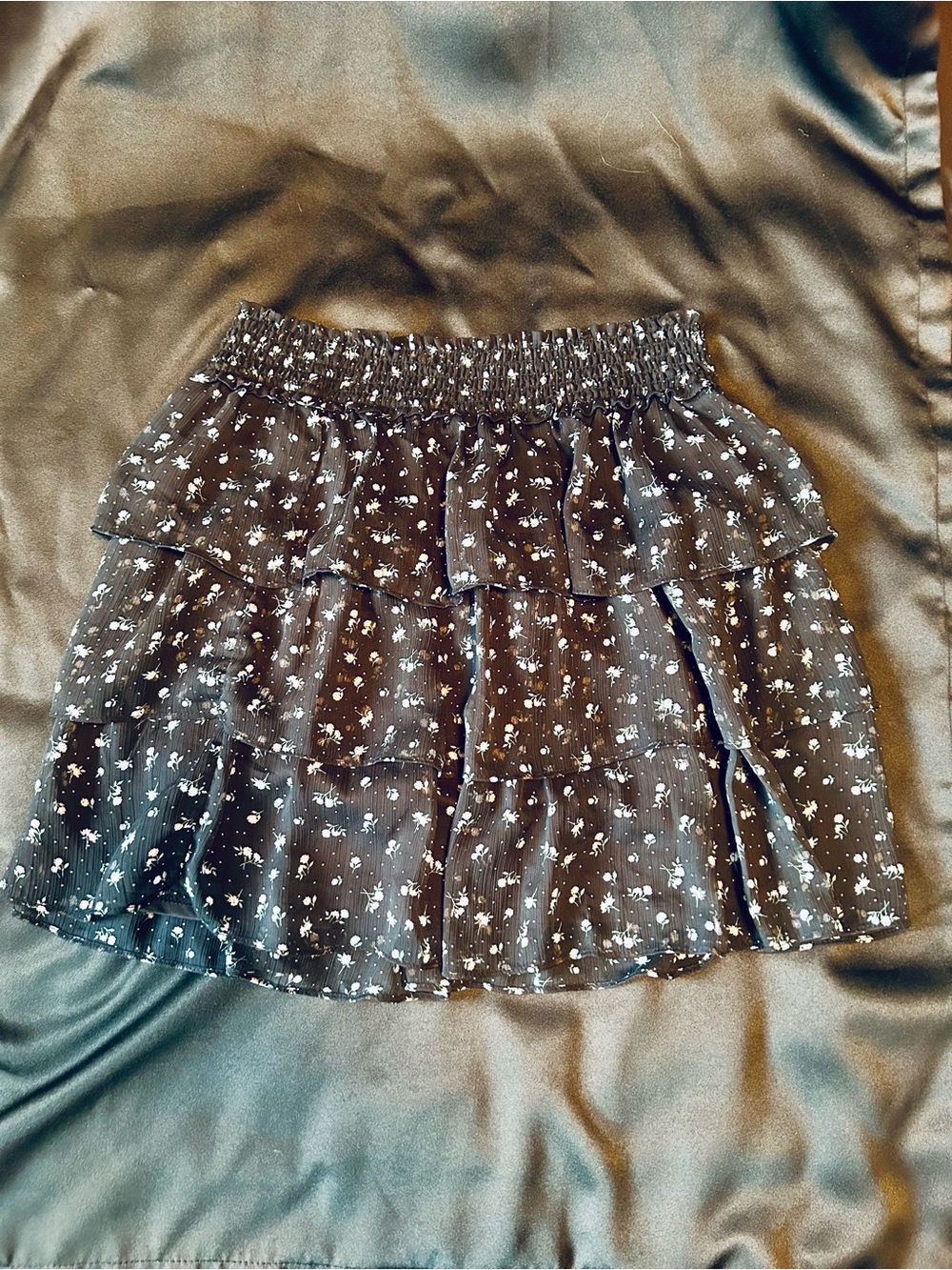 Women's Black Floral Tiered Skirt with Smocked Elastic Waist